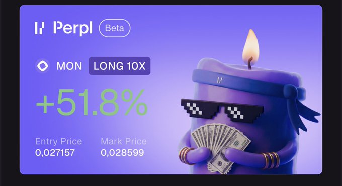 A promotional graphic for 'Perpl Beta' showing a purple candle-like character with pixel sunglasses, featuring '+51.8%' gain, 'MON LONG 10X', entry price '0.027157' and mark price '0.028599'.