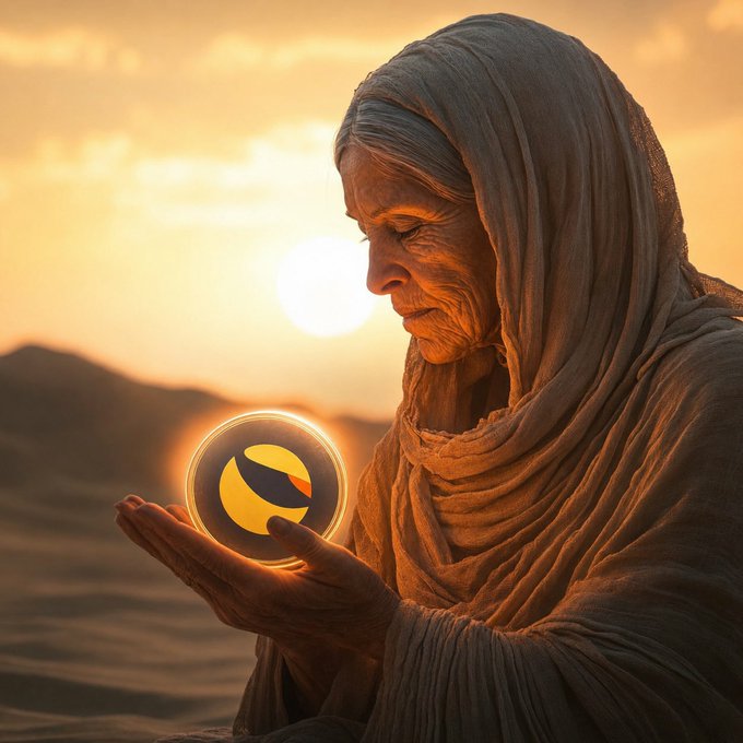 A digitally rendered scene of an elderly woman wrapped in a flowing gray shawl, holding a glowing golden orb with a dark emblem while standing in a desert landscape at sunset.