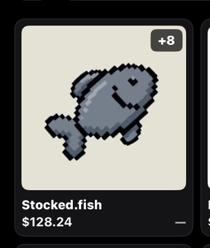 A pixel art trading card titled "Stocked.fish" priced at $128.24 with a "+8" indicator, depicted as a stylized gray fish holding a pistol. The image humorously illustrates the post's reference to "Fish Cooked @Degens4ever coookinggggggggg," suggesting a bullish price surge or trading momentum.