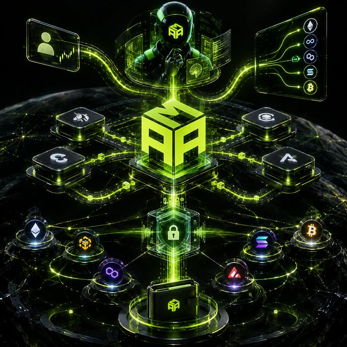 A stylized digital illustration features a futuristic, robotic figure in a green hooded jacket surrounded by glowing neon green holographic interfaces, connected via energy streams to various cryptocurrency logos including Ethereum, Solana, Polygon, and Bitcoin, with a central glowing cube displaying an 'M' logo.