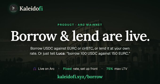 An advertisement for 'Kaleidofi' announcing that 'Borrow & lend are live' for USDC against EURC or cirBTC on Arc Mainnet at kaleidofi.xyz/borrow.