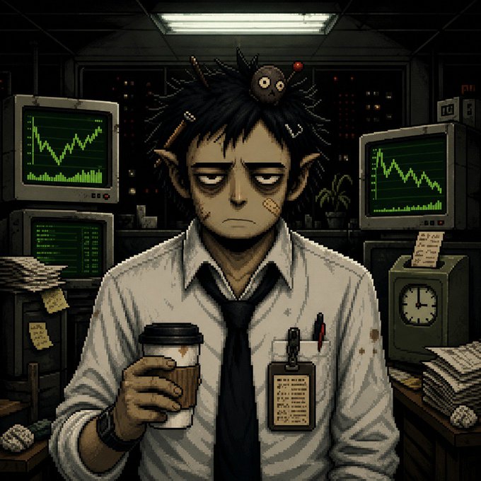 A weary, pointy-eared cartoon office worker with a voodoo doll stuck to his head stares blankly while holding a coffee cup, surrounded by stock charts, sticky notes, and a countdown clock—visually capturing the stressed-out hustle behind the urgent "20x GTD spots" giveaway promo from PunchInNFT.