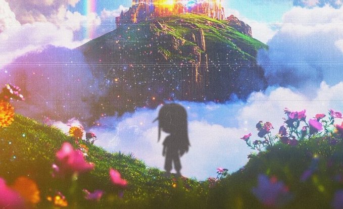 The image features a girl with long hair standing in front of a castle-like structure surrounded by flowers. The girl's shadow can be seen on the ground, creating a unique visual effect. The background includes a sky filled with clouds and a rainbow, adding to the overall atmosphere of the scene. The post is about NFTs (Non-Fungible Tokens) and how they are not seasonally relevant at the moment.