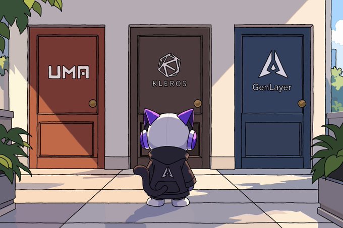 An anime-style illustration of a white cat character with purple headphones and a hooded cloak facing three doors labeled UMA, KLEROS, and GenLayer.