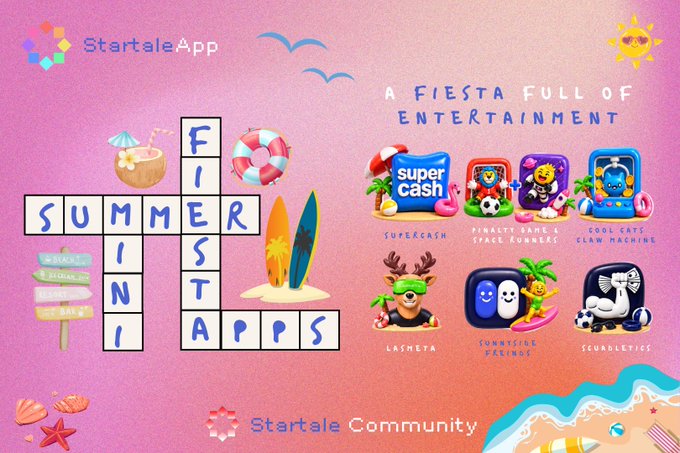 A pink-themed 'StartaleApp' promotional graphic for 'Summer Fiesta Apps' featuring a crossword design, advertising a 'Fiesta Full of Entertainment' with mini-games like Supercash, Finality, Cool Cats Claw Machine, LasMeta, Sunnyside Friends, and Scuraletics.