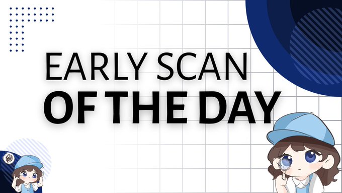The image features bold text reading "EARLY SCAN OF THE DAY" alongside a chibi-style cartoon character wearing a blue cap and holding a magnifying glass, visually reinforcing the post's theme of scanning early-stage crypto projects like @PoolPartyDEX, @B20Farms, @playrelic_ai, and others before they gain wider attention.