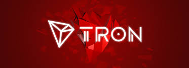 The image displays the TRON logo—a stylized triangular emblem alongside the word "TRON"—set against a red polygonal background. It serves as a branded visual for the post promoting TRON's fast, low-fee peer-to-peer payment capabilities.
