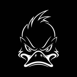 A minimalist white line-art illustration of an angry duck's face with furrowed brows against a black background.