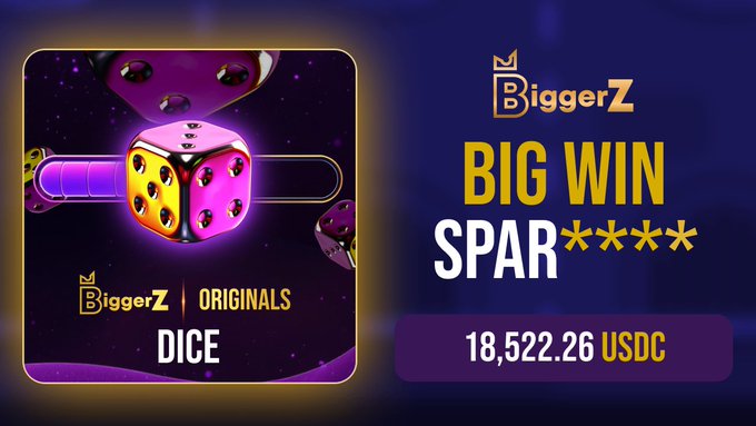 The image features a big yellow dice with six faces prominently displayed against an elegant purple backdrop. Above the dice, there's a banner that reads "Biggerz OriginalS". Below the dice are three gold stars with numbers 6, 5, and 4 on them. In addition, there is text in the image that says "DICE 18,522.26 USDC", likely representing the amount of money won from playing this game or promoting it.