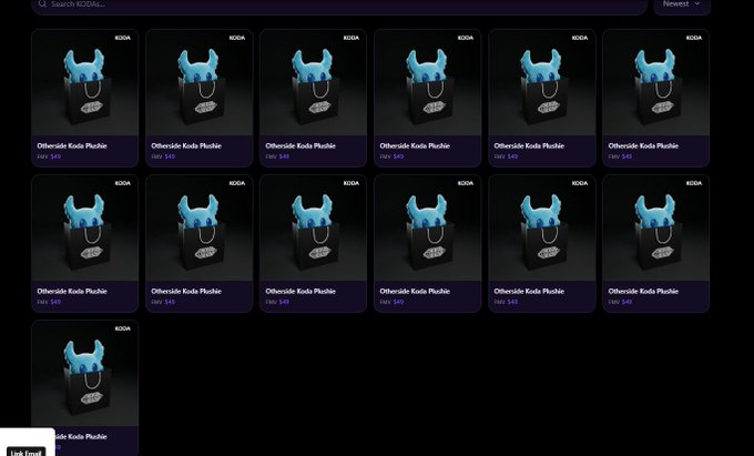 A screenshot of an NFT marketplace displaying a grid of 'Otherside Koda Plushie' collectibles with a price of 40 each, listed on a platform showing various Koda items.