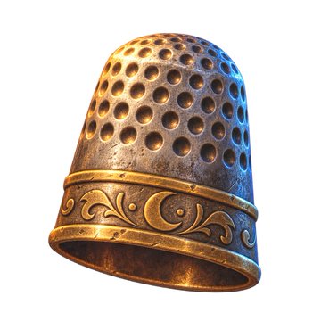 A medieval-style metal thimble with decorative engravings and a perforated top, isolated on a white background.