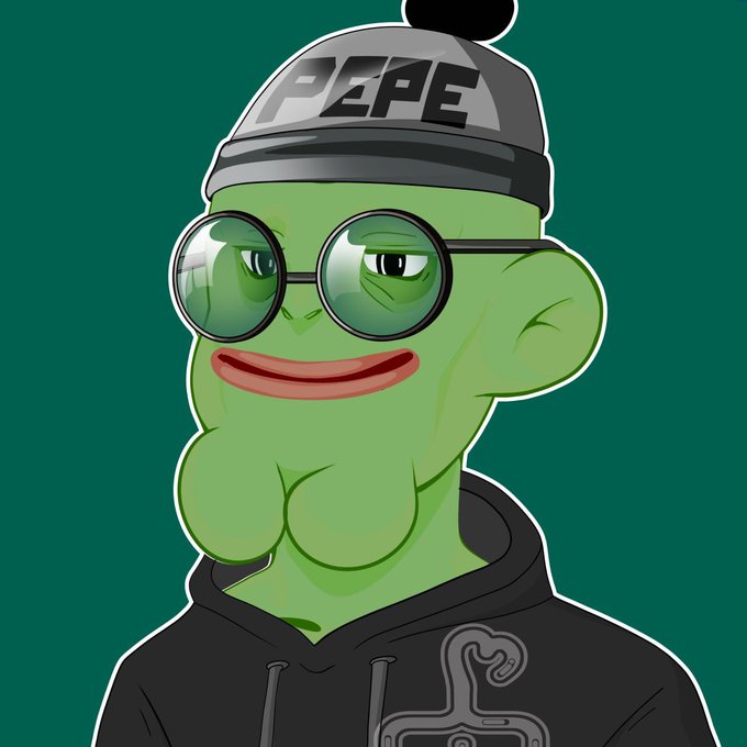 A green Pepe the Frog character wearing a gray "PEPE" beanie, round glasses, and a black hoodie smiles smugly, fitting the post's playful "good morning" greeting that humorously asks about donating to a dev.