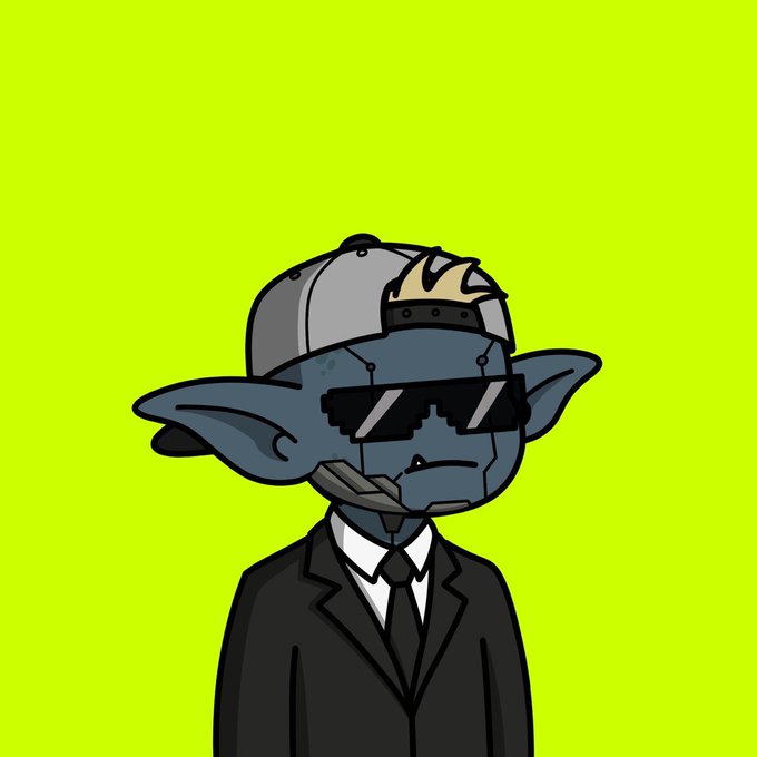 A blue-skinned goblin-like cartoon character wearing a backwards cap, pixelated sunglasses, and a black suit with tie, set against a bright green background. The image conveys a "crypto whale" or street-smart trader aesthetic, fitting the post's promotion offering the first 50 wallets a whitelist spot for the @BabyOfCrypt project.
