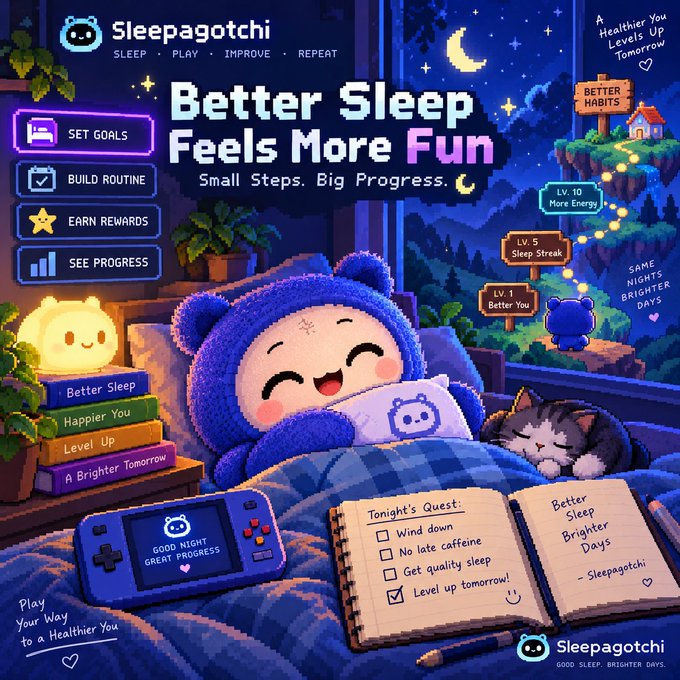 A pixel art promotional graphic for 'Sleepagotchi' with the tagline 'Better Sleep Feels More Fun', showing a cute character in a blue bear sleeping cap.