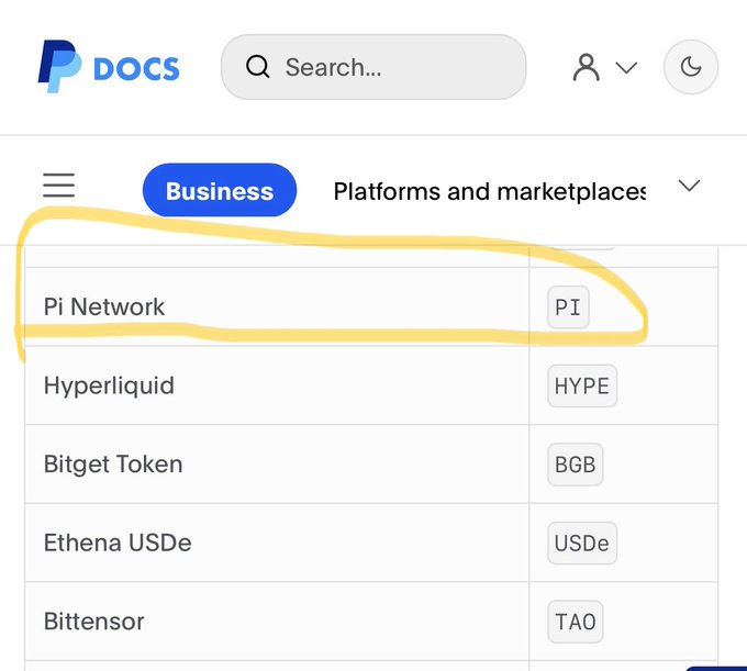 A screenshot of the PayPal Docs website showing a list of cryptocurrencies, with 'Pi Network' circled in yellow.