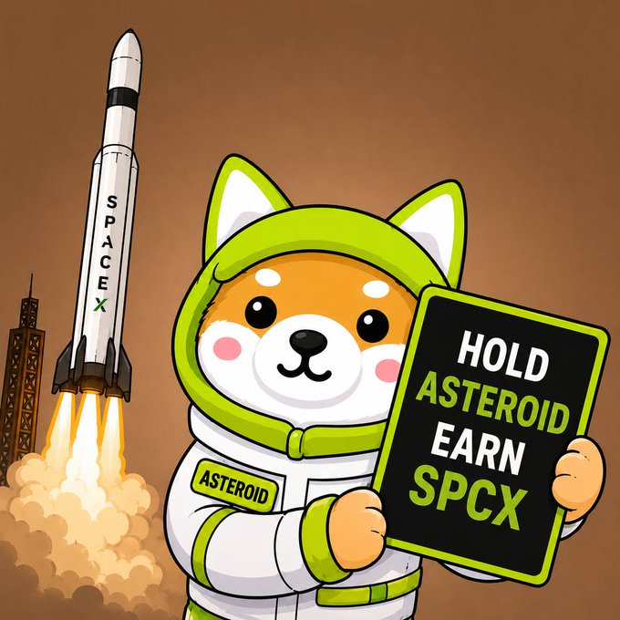 A cute cartoon Shiba Inu dressed in a green and white astronaut suit holds a black sign reading "HOLD ASTEROID EARN SPCX," with a SpaceX rocket launching in the background. The image visually reinforces the post's message by featuring "ASTEROID" on the astronaut's name tag and "$SPCX" on the sign, tying the meme to SpaceX's branding.
