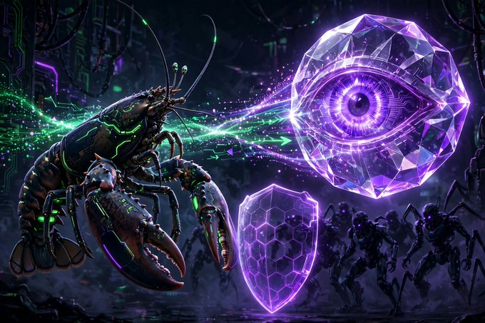 A vibrant digital artwork depicting a cybernetic lobster/insect creature facing a large glowing purple eye-shaped crystal and a purple shield, with robotic figures in the background.