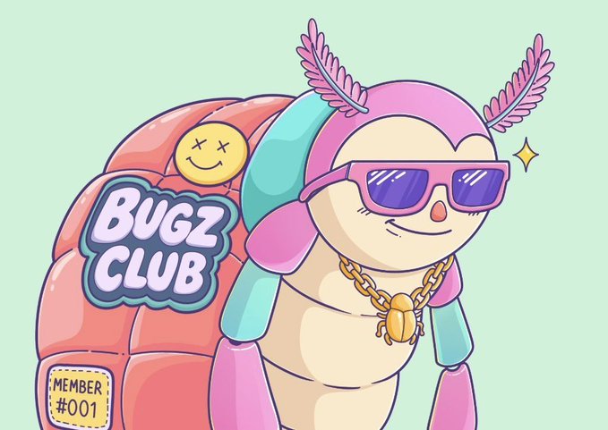 A stylish cartoon bug character wearing sunglasses, a pink cap with feathers, and a gold chain stands in front of a pink quilted background featuring "BUGZ CLUB" and "MEMBER #001" labels, visually representing the "Genesis Bugz leaderboard" concept mentioned in the post about on-chain reputation built over time.