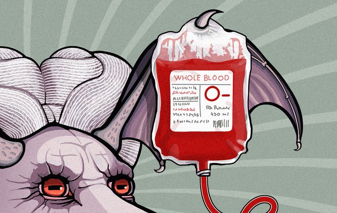 A cartoon illustration of a vampiric creature with bat wings holding a blood bag labeled 'WHOLE BLOOD O-' with illegible script and '450 ml', while a gray monstrous face with red eyes watches from the left.