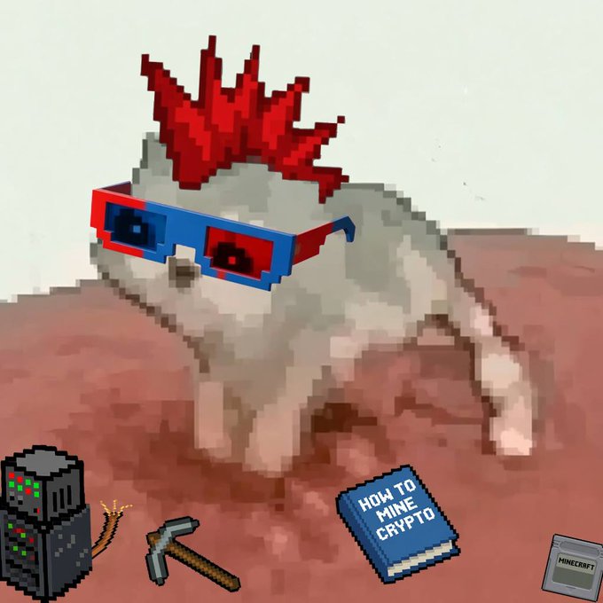 Crypto-meme artwork featuring a cat with red spiky hair and 3D glasses walking on Mars, surrounded by crypto mining imagery including mining rigs, a pickaxe, a 'HOW TO MINE CRYPTO' book, and a Minecraft cartridge.