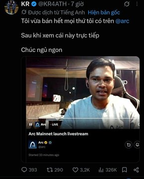 A screenshot of a Vietnamese Twitter/X post by KR showing a livestream of a man, with caption text mentioning 'Arc' and 'Arc Mainnet launch livestream'.