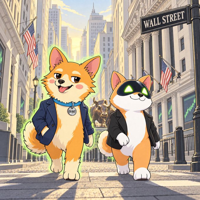 Two cartoon Shiba Inus wearing business suits stand confidently on Wall Street beneath a "WALL STREET" sign, with the iconic Charging Bull statue visible behind them—one dog wears a glowing green VR-style visor and the other sports a "QUBIT" tag, projecting a bullish, tech-savvy "LONG" stance on the market.