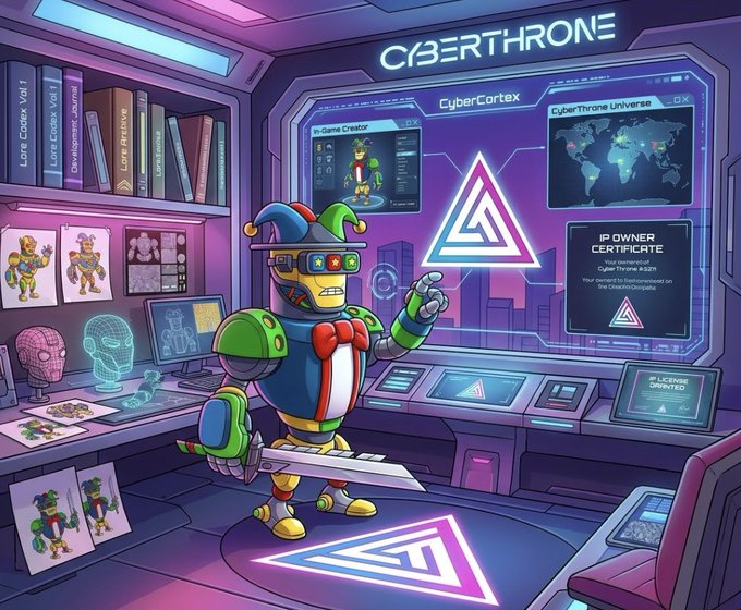 A colorful digital illustration of a jester-like cyborg robot in a cyberpunk room titled "CYBERTHRONE," displaying screens showing "CyberCortex," "CyberThrone Universe," and "IP OWNER CERTIFICATE."