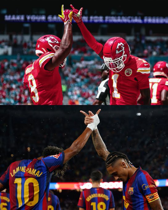 A collage of two NFL/football celebration photos: the top shows Kansas City Chiefs players (in red) high-fiving, and the bottom shows FC Barcelona players Lamine Yamal (#10) and Raphinha celebrating together.