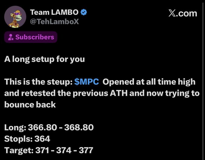 A screenshot of a tweet from 'Team LAMBO (@TehLamboX)' detailing a trading setup for $MPC, listing entry points (Long: 366.80 - 368.80), stop loss (364), and target prices (371 - 374 - 377).