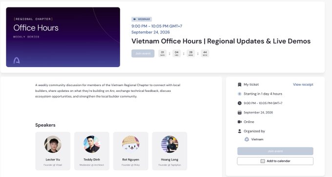 An event page for "Vietnam Regional Chapter | Office Hours | Regional Updates & Live Demos" scheduled for September 24, 2026, listing speakers Lecter Vu, Teddy Dinh, Roi Nguyen, and Hoang Long.