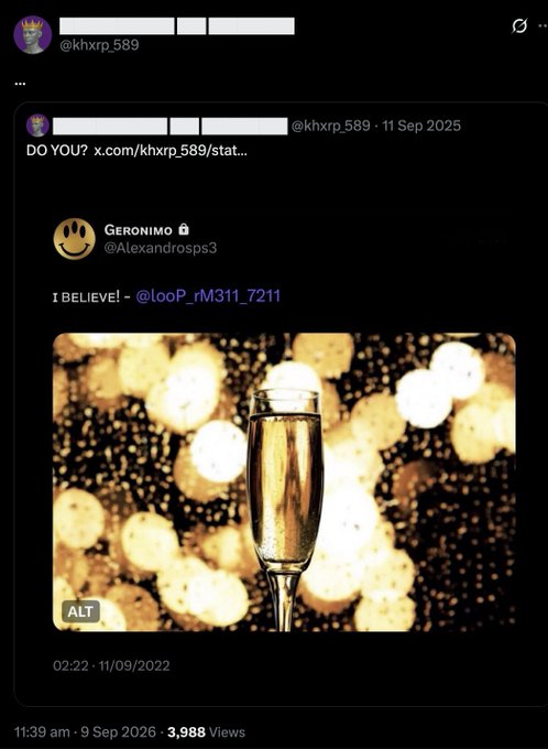 A screenshot of an X (Twitter) post by @khxrp_589 quoting a tweet from @Alexandrosps3 that says 'I BELIEVE~' alongside an image of a champagne flute with golden bokeh background.