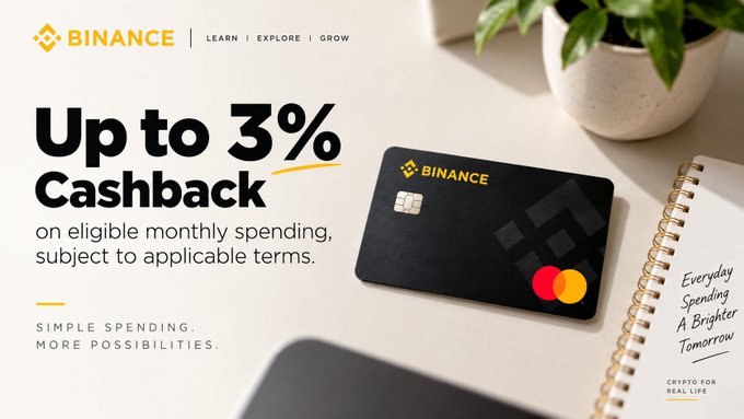 A Binance promotional banner advertising 'Up to 3% Cashback' on eligible monthly spending, featuring the Binance card and the tagline 'Simple Spending. More Possibilities.'