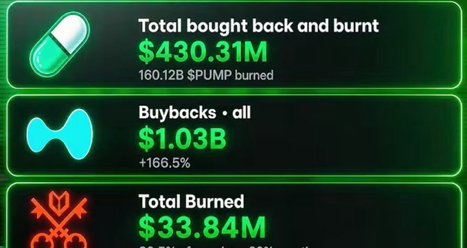 The image displays a financial dashboard showing token buyback and burn metrics, including "$430.31M total bought back and burnt" with "160.12B $PUMP burned," "$1.03B in buybacks (+166.5%)," and "$33.84M total burned." This visual supports the post's emphasis on holding utility altcoins like $HYPE and $VVV that actively burn token supply, illustrating the buyback and burn mechanism the post advocates as a key indicator of a strong altcoin investment.