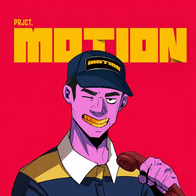 A vibrant, stylized illustration of a purple-skinned cartoon character wearing a cap labeled 'MOTION' and grinning with gold teeth while holding a microphone against a bright red background with the text 'PRJCT. MOTION'.