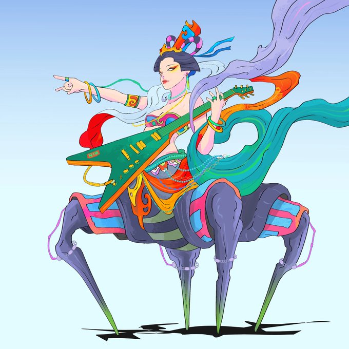A stylized digital illustration of a dark-haired woman with an Asian-inspired aesthetic playing a green V-shaped electric guitar while riding a multi-legged spider-like creature, surrounded by flowing colorful ribbons.