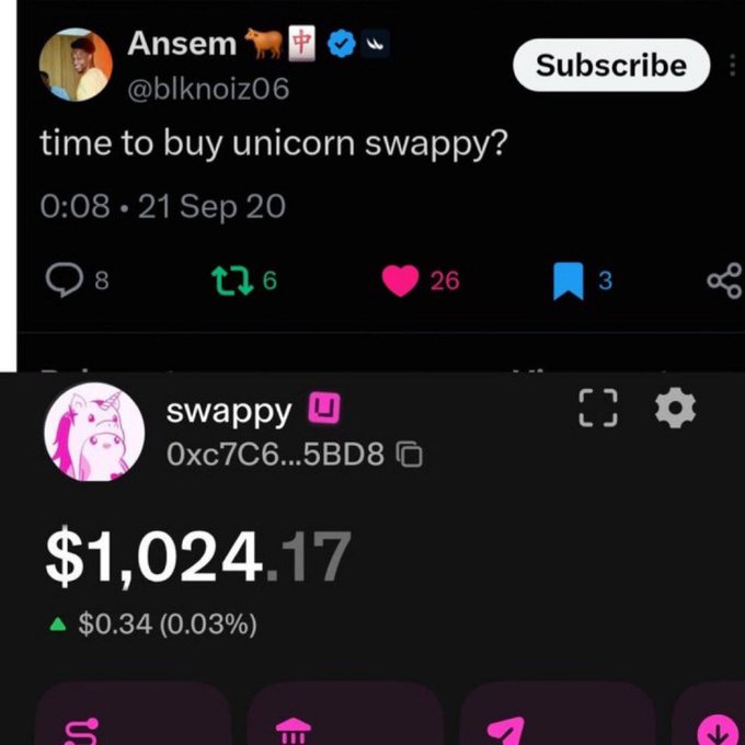A tweet from user @blknoiz06 (Ansem) dated September 21, 2020 asks "time to buy unicorn swappy?" alongside a screenshot showing the Swappy token valued at $1,024.17, hinting at early awareness of the $SWAPPY project before wider attention.