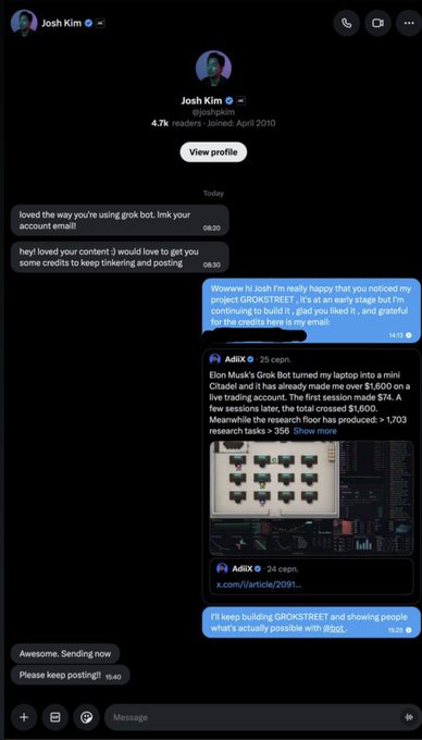 A screenshot of a Twitter DM conversation between a user and Josh Kim (@joshpkim), showing where Josh praised their GROKSTREET project and offered to send credits to support the AI trading setup, which generated $1,600 from a $74 first session and now runs 12 cross-validated research bots on x.com.