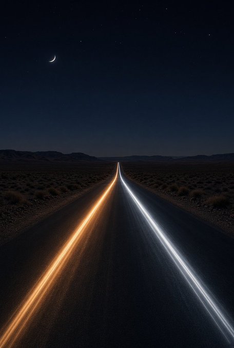A long-exposure photograph of a desert highway at night under a crescent moon, featuring streaks of orange and white headlights extending into the distance.