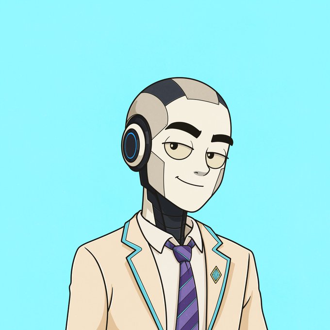 An anime-style illustration of an android or robot with a humanoid face, wearing a beige suit with light blue trim and a purple striped tie.