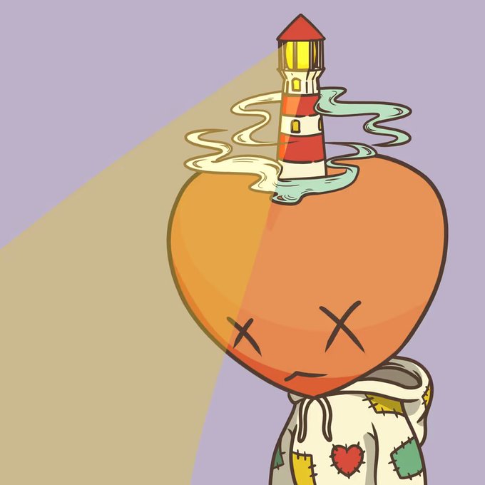 An illustration of an orange, round-headed character with X-shaped eyes, wearing a patchwork hoodie, with a lighthouse and swirling clouds/light beams emerging from the top of its head against a light purple background.