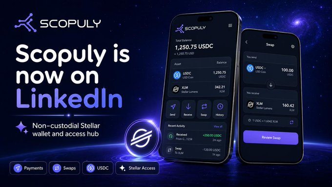 The image features two cell phones with the text "Scopuy" written on them. The background of the image is dark blue, and there are descriptions related to the company's new product page on LinkedIn.