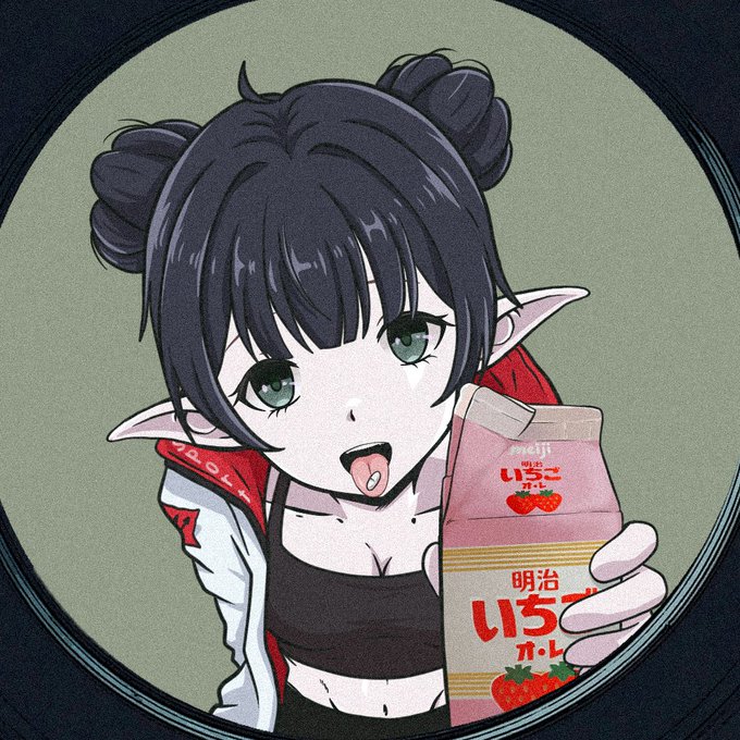 An anime-style illustration features a dark-haired elf character with twin buns holding a Meiji Ichigo strawberry milk carton, tying into the post's mention of loving Japanese strawberry milk.