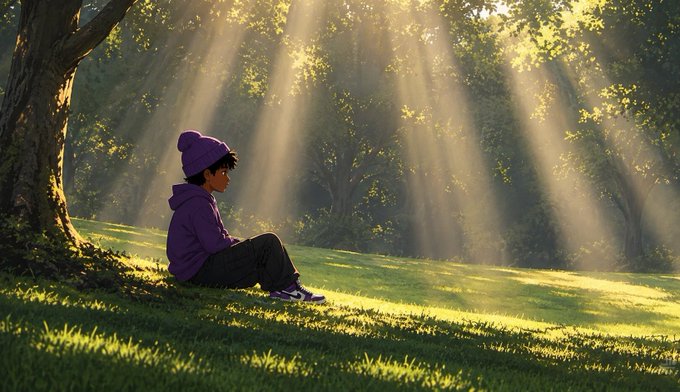 An illustrated scene of a child in a purple hoodie and beanie sitting peacefully on lush green grass beneath a large tree, with golden sunbeams streaming through the forest canopy.