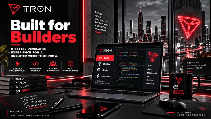 A promotional advertisement for TRON blockchain with the text 'Built for Builders,' featuring a workspace with a laptop displaying code, a coffee mug with the TRON logo, and a city skyline at night with a large red TRON triangle logo.