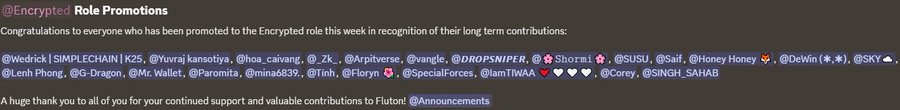 A screenshot of a Discord announcement titled '@Encrypted Role Promotions' congratulating several users listed by their handles.