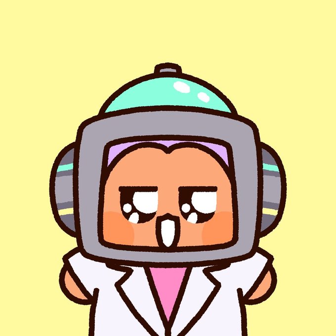 A cartoon character wearing a gray helmet with cyan accents and a white lab coat, crying with tears in its eyes against a pale yellow background.
