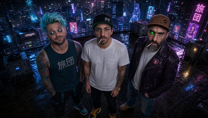 Stylized group photo of three tattooed men on a wet rooftop overlooking a cyberpunk-style neon cityscape, with two wearing caps and one wearing a brown beanie, all with facial piercings and cyberpunk-inspired aesthetics.