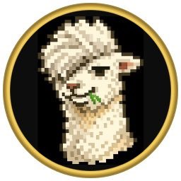 Pixel art logo of an alpaca/llama with a smug expression chewing grass, set against a black background in a gold circular frame, matching the $HANSOME meme coin branding.