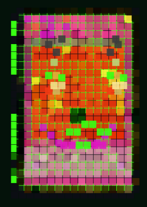 A heavily pixelated digital artwork featuring a face made of orange and pink blocks with bright green accents.