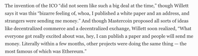A text excerpt discussing the invention of the ICO, quoting Willett about publishing a white paper and strangers sending money, mentioning Mastercoin and Ethereum.